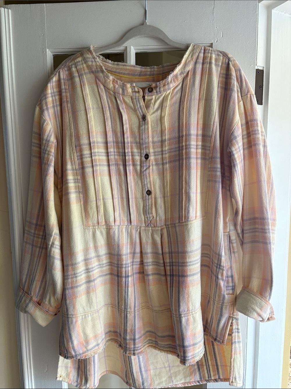 We The Free Cream Plaid Pintuck Button Tunic with Pastel Stripes